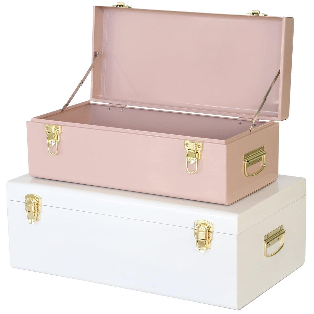 Vixdonos Metal Trunks College Dorm Steel Chests Decorative Storage Box Set of 2 Bedroom Organizer for Home Decor,23.7X14.2X9.5 Inches(Pink and White)