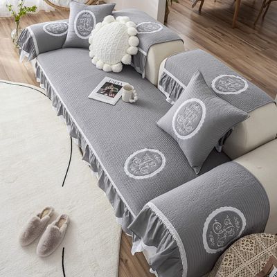 XSlive Boho Ruffles Couch Cover Cotton Quilted Sofa Covers Soft Embroidery Sectional Couch Cover Anti Slip Washable Sofa Slipcover Furniture Cover for Kids Dogs Cats (Light Gray,36"x36")