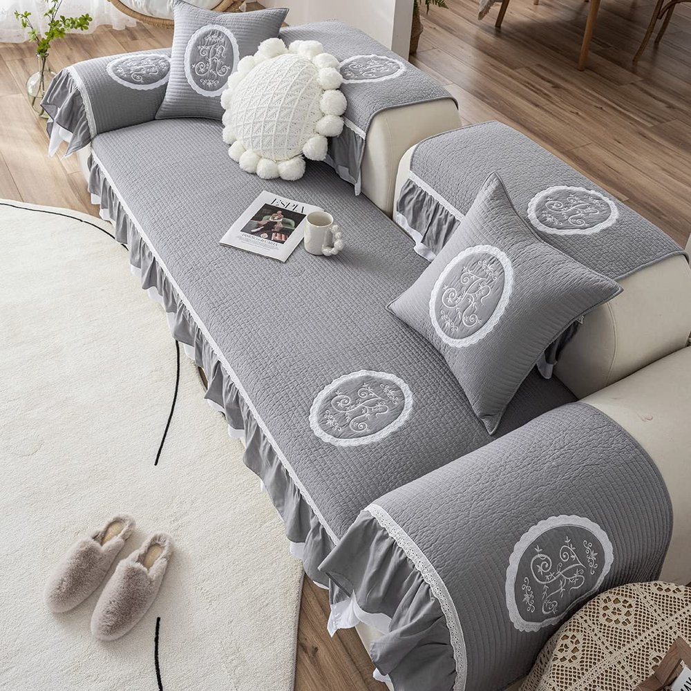 XSlive Boho Ruffles Couch Cover Cotton Quilted Sofa Covers Soft Embroidery Sectional Couch Cover Anti Slip Washable Sofa Slipcover Furniture Cover for Kids Dogs Cats (Light Gray,36"x36")