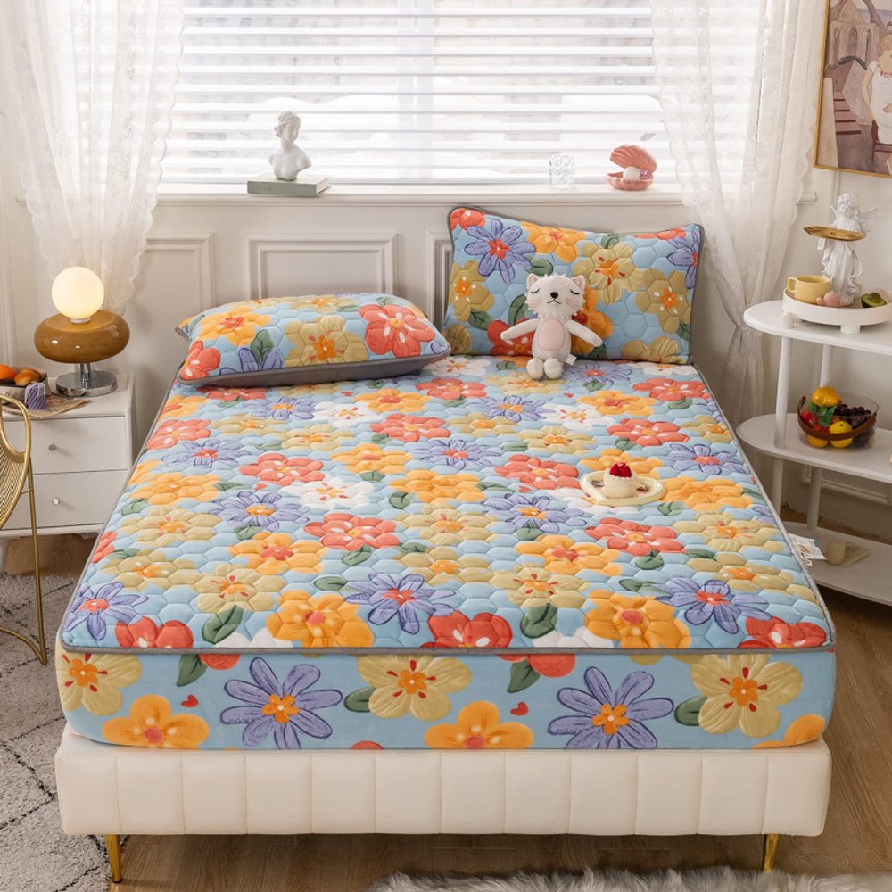 FCLDESHOP 4 Way Stretch Fitted Sheet,Thick Flannel Quilted Fitted Sheet, Children's Bedroom Cartoon Print Mattress Protector, 30cm/12 Deep Bed Sheet,Yellow,180 * 200cm