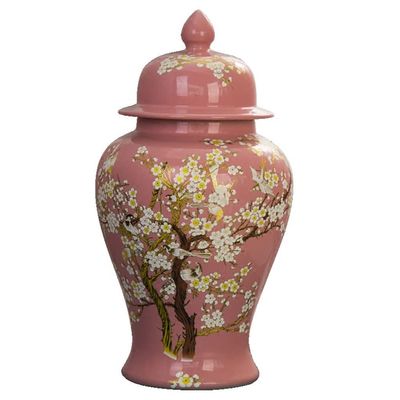 BRAGUE Vases Pink Ceramic Temple Jar,Ceramic Ginger Jar Decoration Large-Capacity Storage Jar with Lid Living Room Home Decoration (Color : Pink, Size : 25 * 45cm)