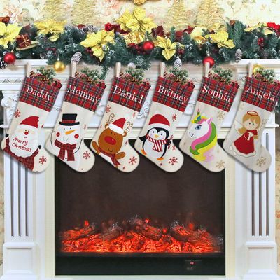 YOUBEMAGIC Set of 6, 18" Personalized Christmas Stockings with Embroidery Names for Family Decor Customized Linen Stocking with Red Buffalo Plaid Cuff (Santa Snowman Penguin Bear Unicorn Angel)