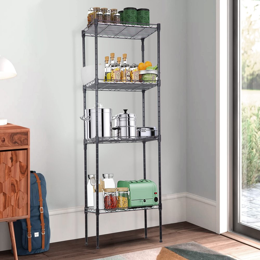 4-Tier Wire Shelving Unit, Adjustable Storage Shelves with 4 PP Sheets, Standing Unit - 600 lbs Capacity, 17.3 x 11.4 x 43.9 Inches, Black
