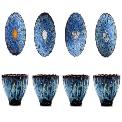 Blue Tenmokus Tea Cups Set of 4, Handmade Ceramic Jianzhan Tea Cup with 3d Silver Decorations Inlay in Bottom, 4 oz Traditional Asian Small Teacups for Gongfu Zen Tea Cermony, Art Deco and Collection