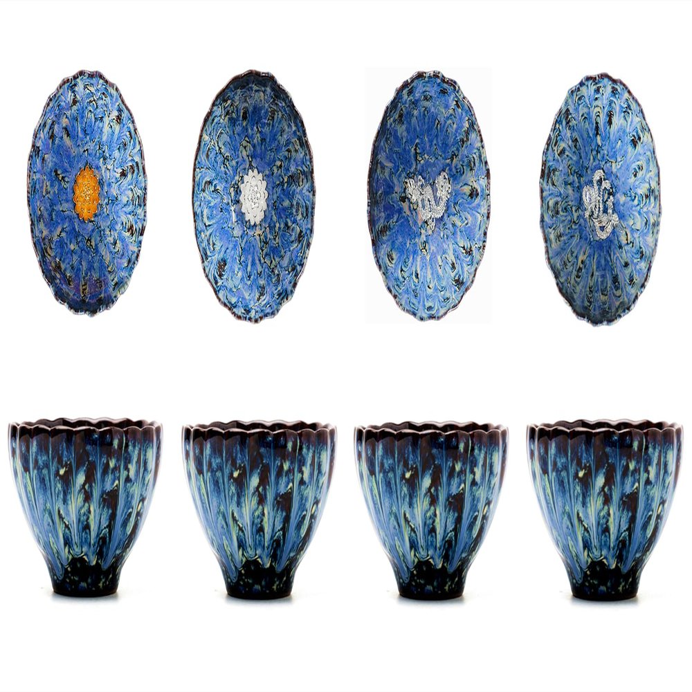Blue Tenmokus Tea Cups Set of 4, Handmade Ceramic Jianzhan Tea Cup with 3d Silver Decorations Inlay in Bottom, 4 oz Traditional Asian Small Teacups for Gongfu Zen Tea Cermony, Art Deco and Collection