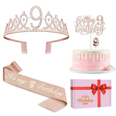 9th Birthday Decorations for Girl Including Sash, Crown, Numeral Candle and Cake Topper, 9 Year Old Girls Party Favor Supplies