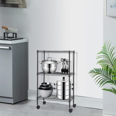 3-Tier Wire Storage Shelves, Heavy Duty Adjustable Shelving Unit with Wheels, Metal Shelf Organizer Storage Rack Shelves for Bedroom Kitchen Office, 450 LBS Capacity, 23" L x 13" W x 32" H, Black