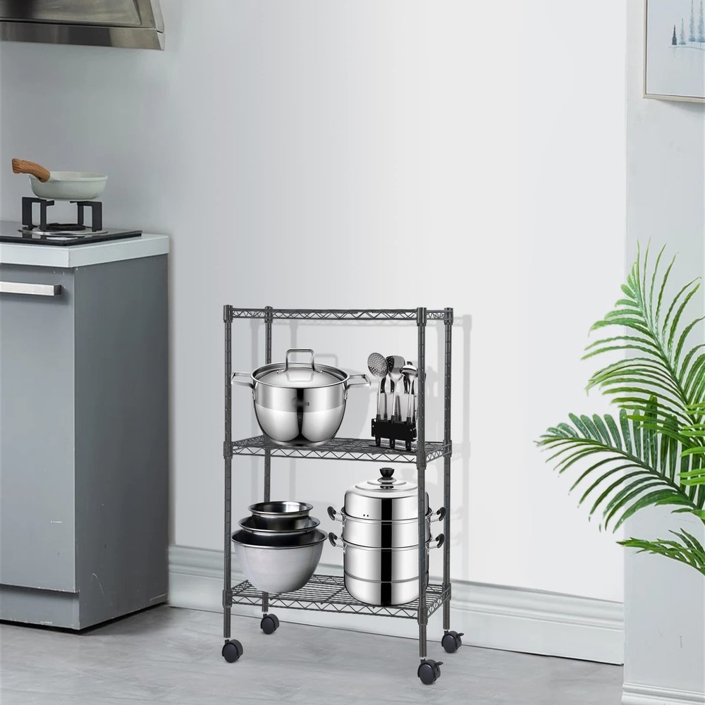 3-Tier Wire Storage Shelves, Heavy Duty Adjustable Shelving Unit with Wheels, Metal Shelf Organizer Storage Rack Shelves for Bedroom Kitchen Office, 450 LBS Capacity, 23" L x 13" W x 32" H, Black