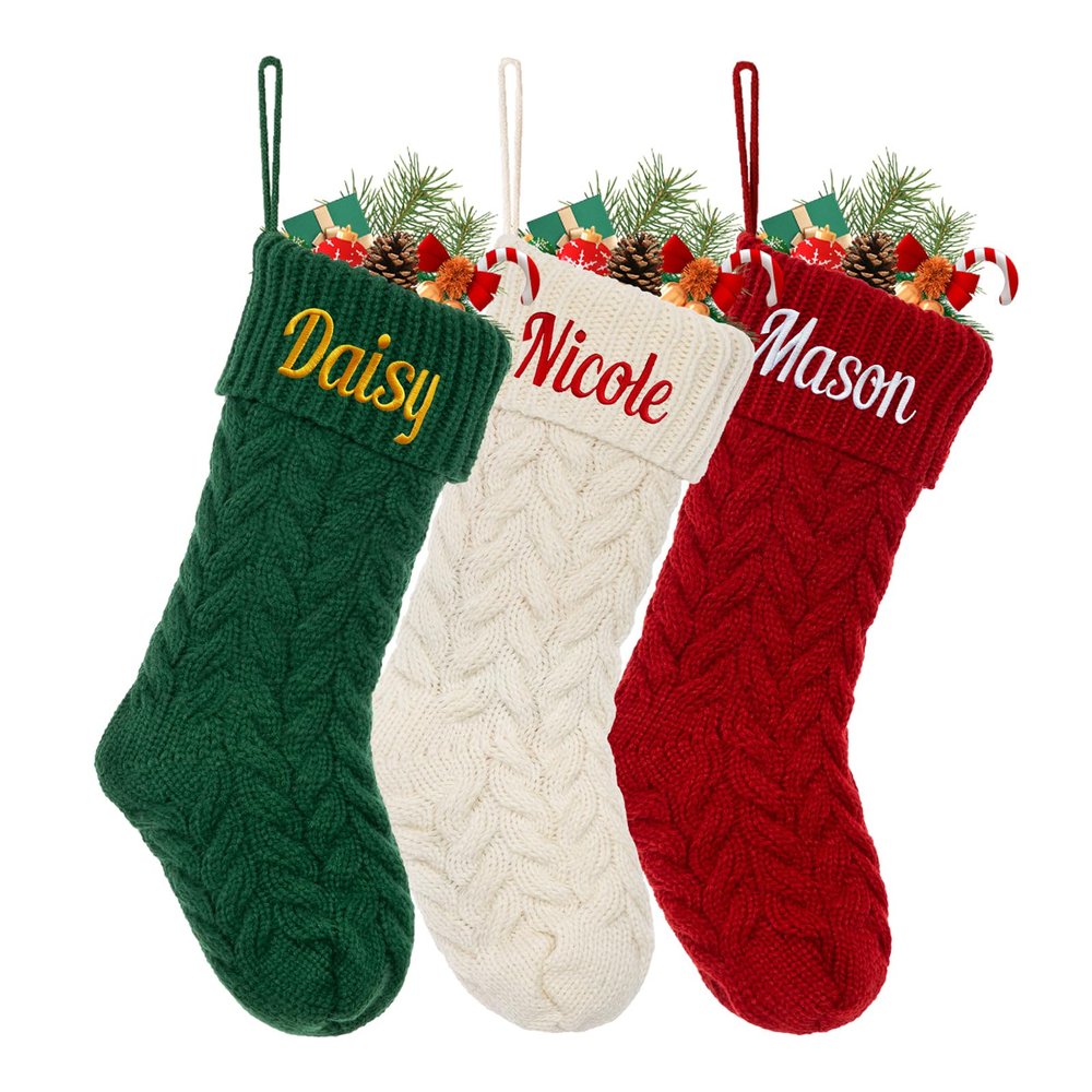 guccde Personalized Christmas Stocking Large Custom Knitted Embroidered Name Xmas Stocking for Family Kids Pets Fireplace Party Decor