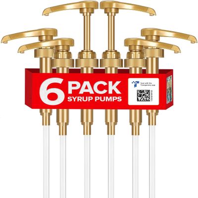 6 Pack Coffee Syrup Pump - Syrup Pump Dispenser for 750ml Bottles |Gold Syrup Pumps for Coffee Bar, Fits Top Brands Syrup Bottles |No Leak Lock Pump for Syrup Bottle |Portion Control Coffee Syrup Pump