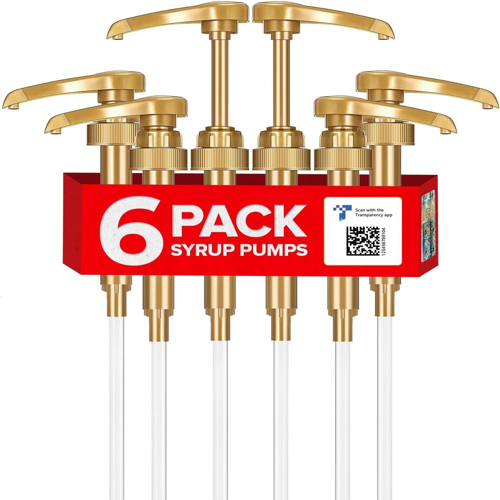 6 Pack Coffee Syrup Pump - Syrup Pump Dispenser for 750ml Bottles |Gold Syrup Pumps for Coffee Bar, Fits Top Brands Syrup Bottles |No Leak Lock Pump for Syrup Bottle |Portion Control Coffee Syrup Pump