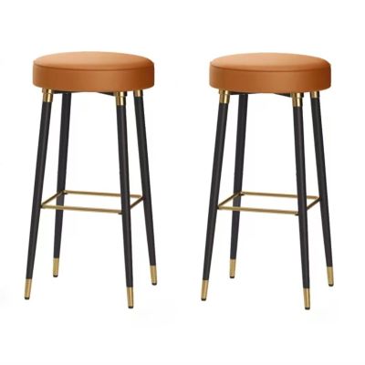 28 Inches Metal Round Leather Barstools Counter Bar Stools Sets of 2 Bar Height without Backrests No Armrests Upholstered Bar Chairs Gold Stainless Steel Square Footrest, for Coffee Pub Kitchen Dining