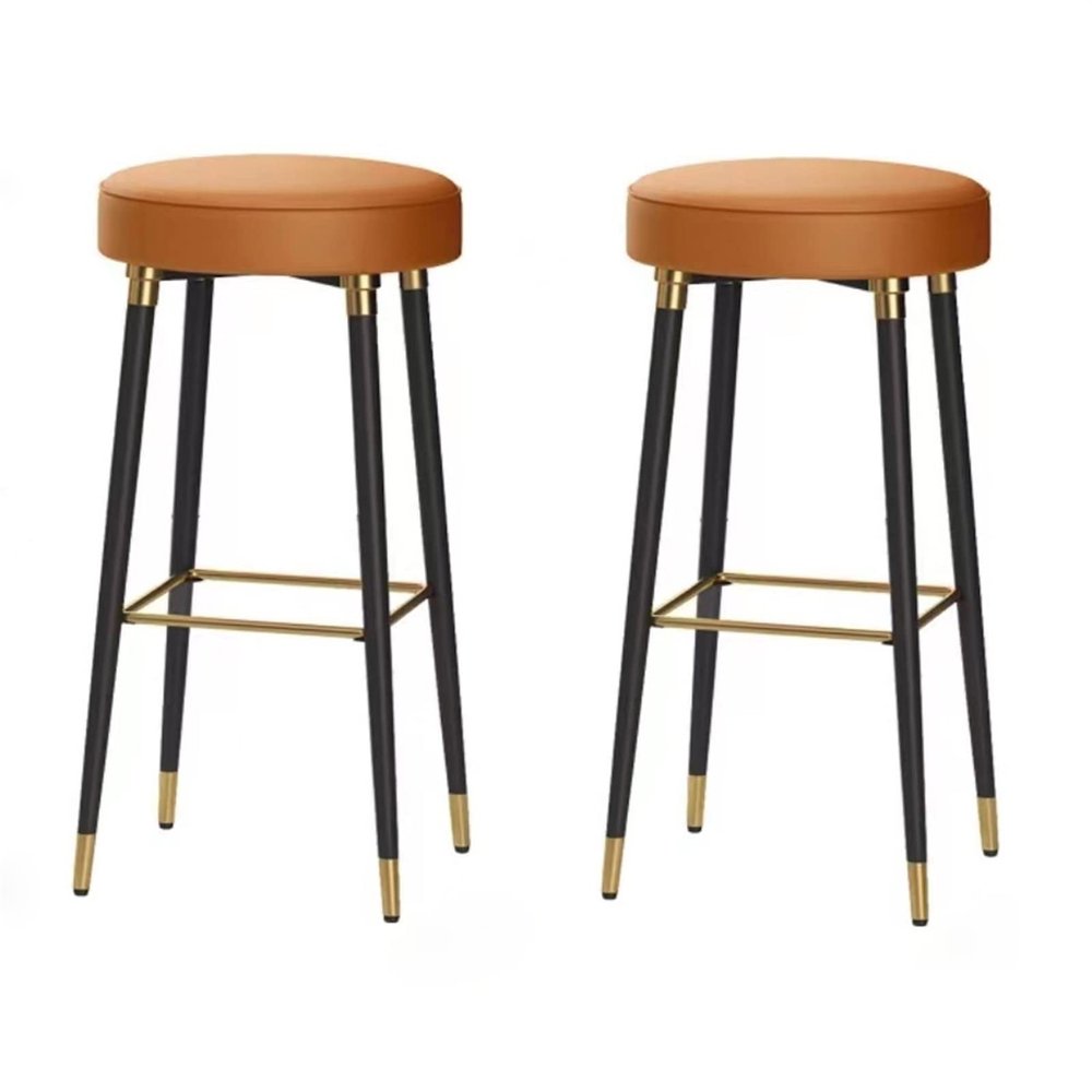 28 Inches Metal Round Leather Barstools Counter Bar Stools Sets of 2 Bar Height without Backrests No Armrests Upholstered Bar Chairs Gold Stainless Steel Square Footrest, for Coffee Pub Kitchen Dining