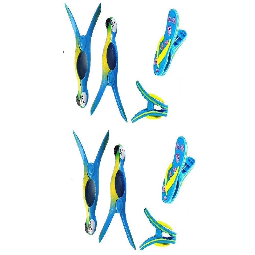 4 Set (8 Ct) 2X Blue Flipflop / 2X Blue Parrot Beach Towel Clips Jumbo Size for Beach Chair, Cruise Beach Patio, Pool Accessories for Chairs, Household Clip, Baby Stroller