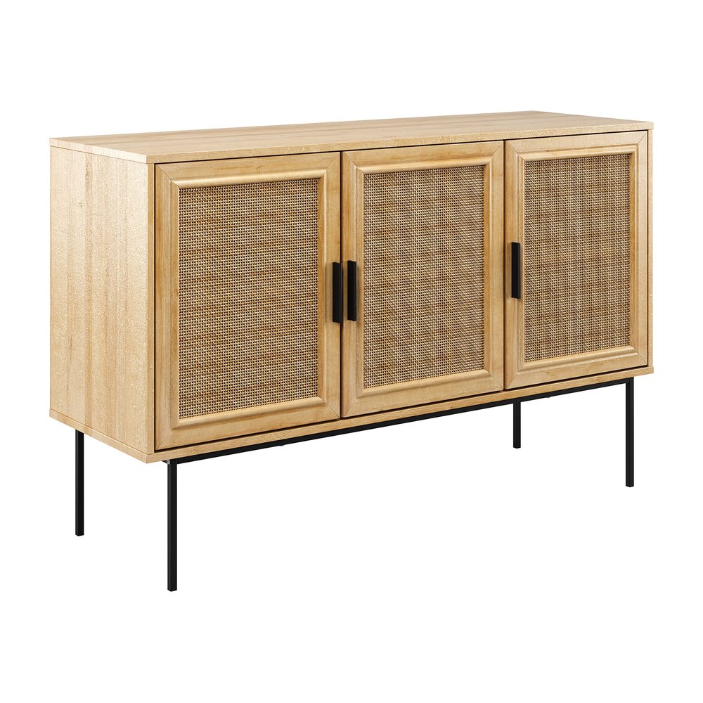 CorLiving Emmett Engineered Wood Sideboard with 3 Rattan Finished Doors and 4 Shelves, Light Brown