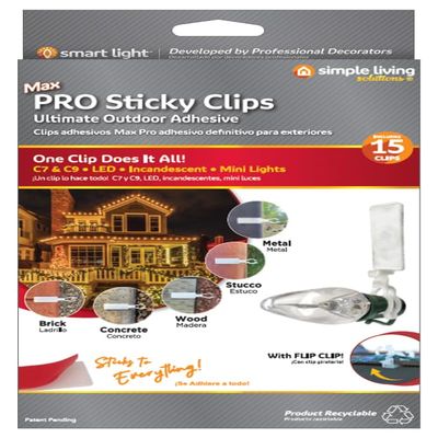 Simple Living Solutions Max Pro Anywhere Sticky Light Clips, Outdoor Adhesive Light Clips for Gutters, Siding & Surfaces, Works with C7, C9, LED & String Lights (15 Count)