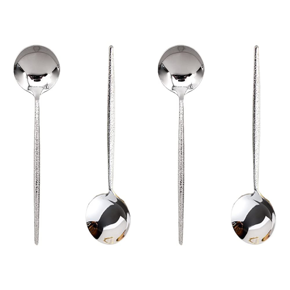 Stainless Steel Hammered Soup Spoon, Korean Long Round Handle Spoon, 4 Pieces of Steel Hammered Spoons, 8 Inches.