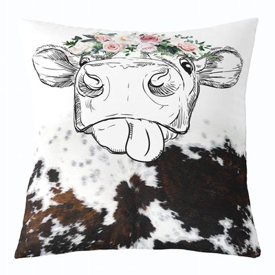 Cow Print Throw Pillow Cover 16x16 Cow Bedding Set,Floral Cowhide Pillow Cover Farmhouse Highland Cattle Fur Cushion Case Black White Brown Animal Cow Skin Decorative Square Pillow Case