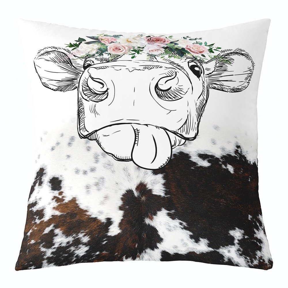 Cow Print Throw Pillow Cover 16x16 Cow Bedding Set,Floral Cowhide Pillow Cover Farmhouse Highland Cattle Fur Cushion Case Black White Brown Animal Cow Skin Decorative Square Pillow Case