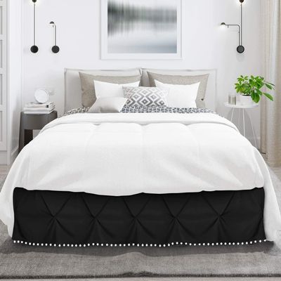 Kings Loft Luxury Pom Pom Pinch Pleated BedSkirt 100% Egyptian Cotton 1000 Thread Count, Top-Knot Tassle Pompom Fringe White Solid Pattern, 18 Inch Drop Cal King Size, Black Solid