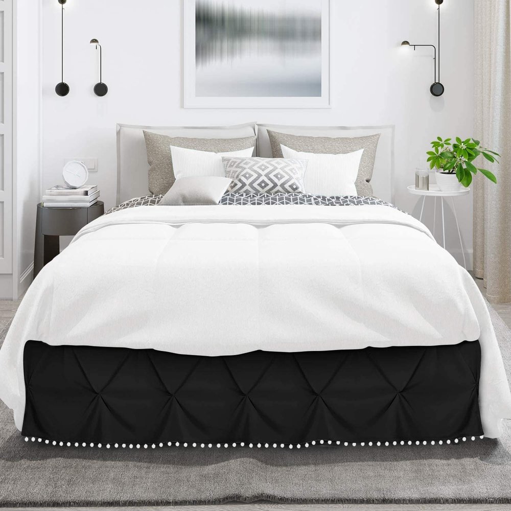Kings Loft Luxury Pom Pom Pinch Pleated BedSkirt 100% Egyptian Cotton 1000 Thread Count, Top-Knot Tassle Pompom Fringe White Solid Pattern, 18 Inch Drop Cal King Size, Black Solid
