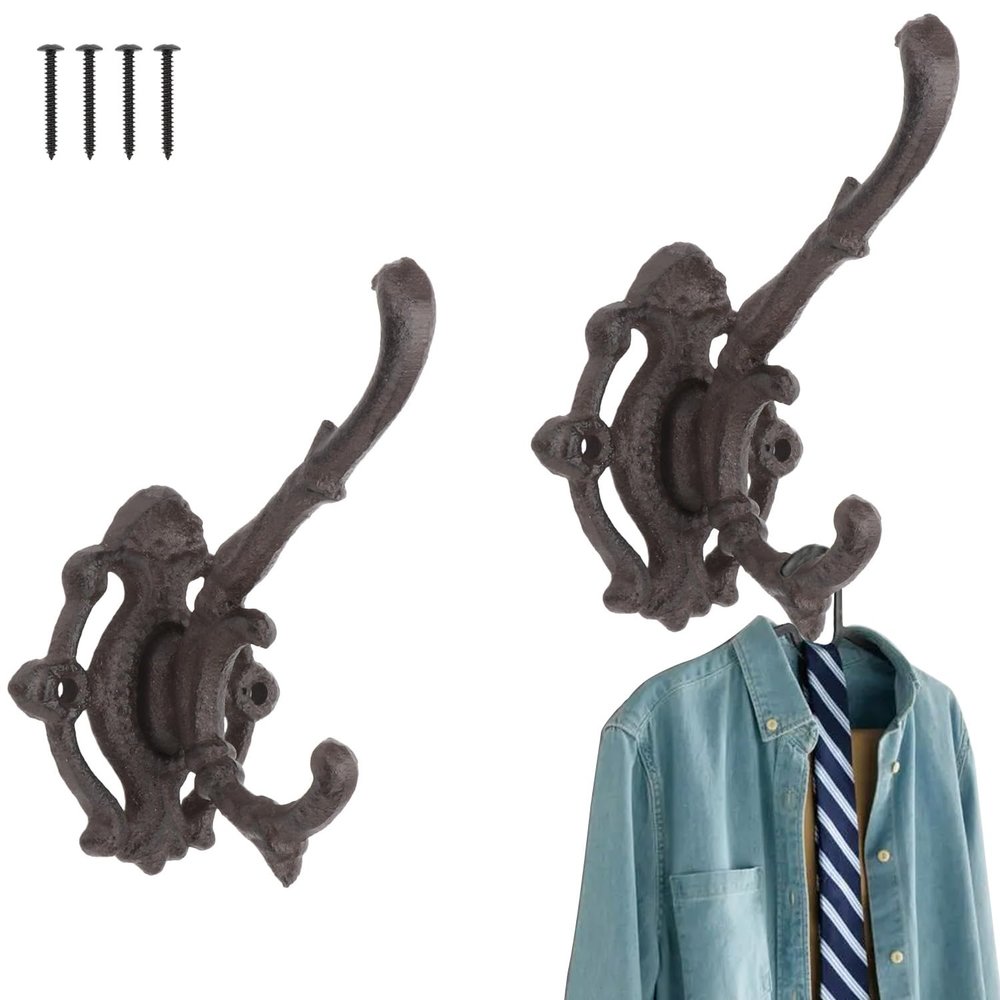 Brosay Cast Iron Hooks for Wall Rustic Coat Rack Wall Mount Double Coat Hook Unique Heavy Duty Coat Hooks Wall Decorative Hook for Hallway Hang Clothes Hats 2 Pcs (Double Hook)