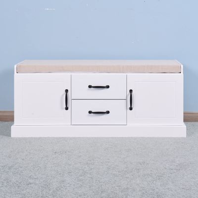 White Classic Wood Shoe Storage Bench with 2 Drawers and 2 Doors,Living Room Storage Bench with Beige Seat Cushion for Entryway Hallway Front Door,Saving Space