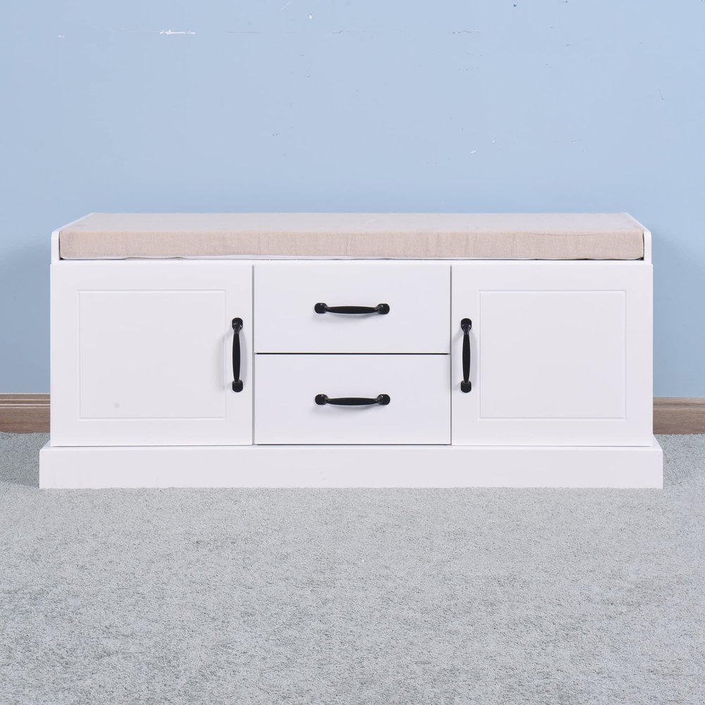 White Classic Wood Shoe Storage Bench with 2 Drawers and 2 Doors,Living Room Storage Bench with Beige Seat Cushion for Entryway Hallway Front Door,Saving Space
