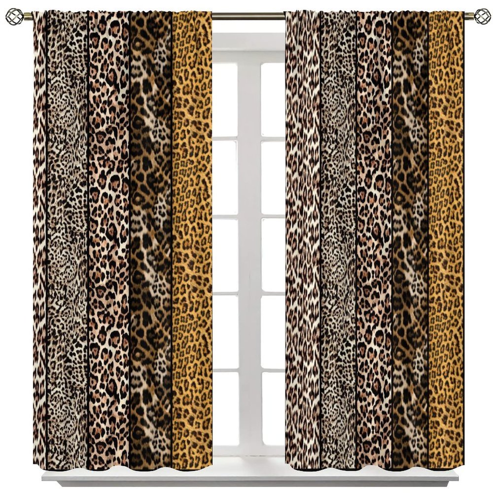 Wild Animal Curtains, Leopard Print Animal Fur Print Through The Rod Pocket Window Curtains Family Room Living Room Kitchen Blackout Decoration 42x45 Inch