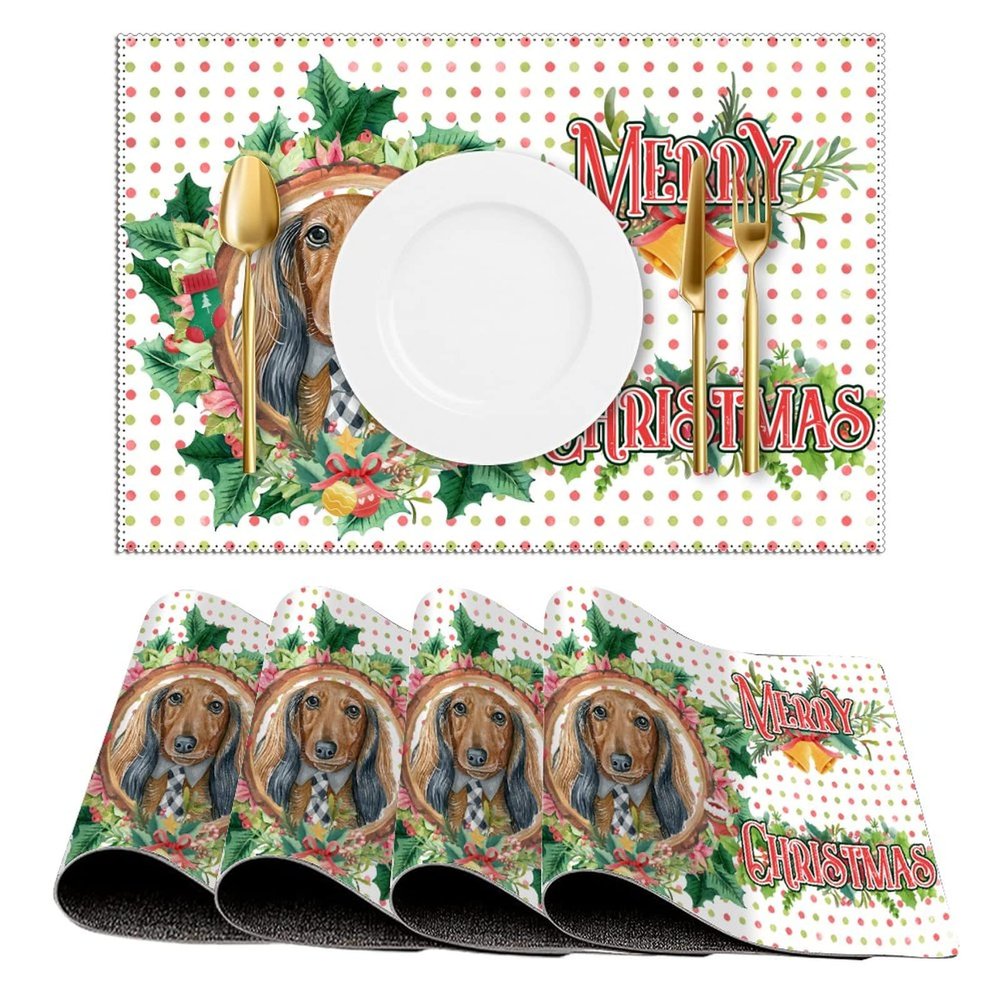 Merry Christmas Dog English Pointer Rectangle Placemats Set of 4, 12" X 18" Canvas Farmhouse Christmas Pet Holly Wreath Table Mats Decorative Placemats for Dining Table,Decorative Mats,Housewarming