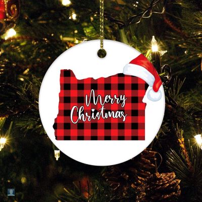 Christmas Ceramic Ornament Oregon First Christmas in Porcelain Double Sided Oregon US State Buffalo Check Plaid Cut Out 2022 Ornament Double Sided Porcelain Country Souvenir Gift