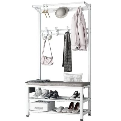 EQHAIR Coat Rack Stand, 3-in-1 Design Coat Stand with Bench Hooks and Shoe Stand, Garment Shoe Hat Organizer Storage for Hallway Entryway, Sturdy and Easy Assembly (A 80cm)