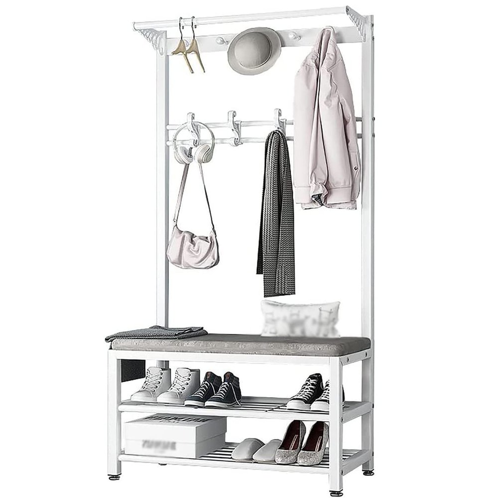EQHAIR Coat Rack Stand, 3-in-1 Design Coat Stand with Bench Hooks and Shoe Stand, Garment Shoe Hat Organizer Storage for Hallway Entryway, Sturdy and Easy Assembly (A 80cm)