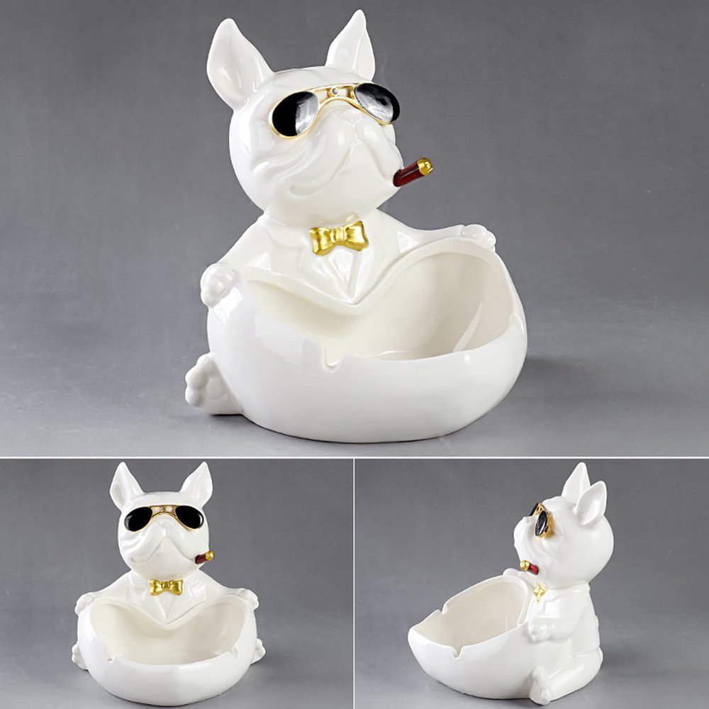 AETVRNI Table Trash Can - Ceramic French Bulldog - Table Decoration Sculpture Deco-Easy to Clean,White