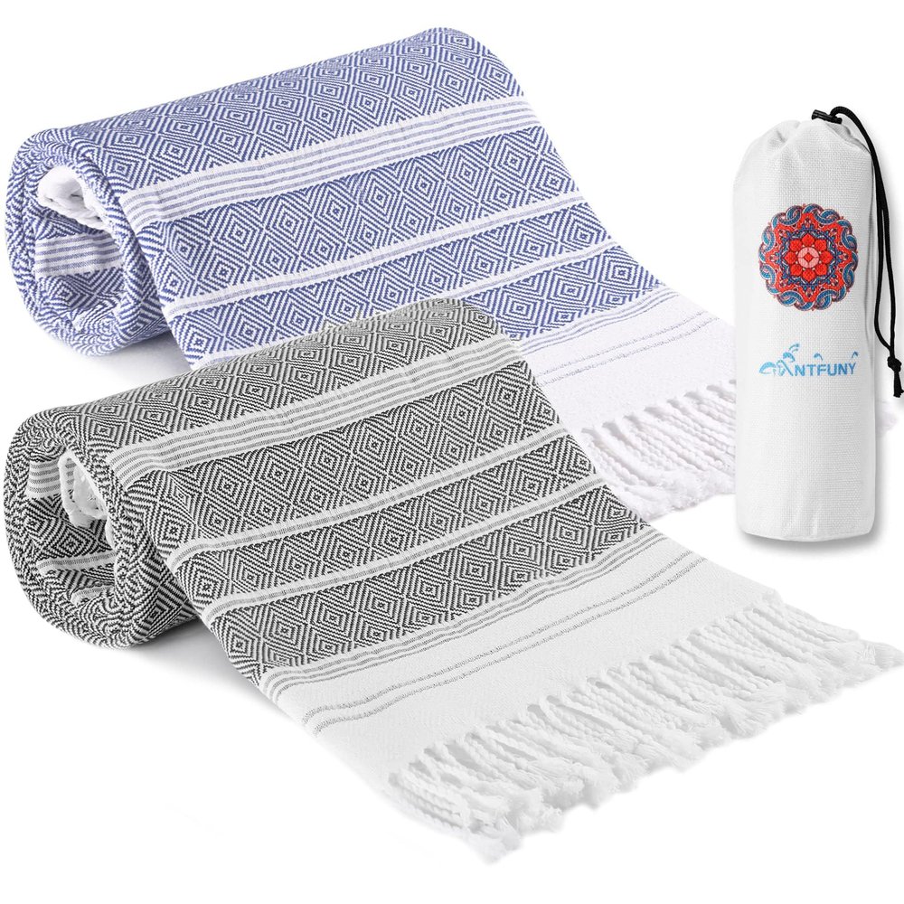Antfuny 2 Packs Turkish Beach Towels Vacation Essentials Quick Dry Sand Free Oversized Bath Pool Swim Towel Extra Large XL Big Blanket Adult Travel Cruise Accessories Must Haves Clearance Stuff