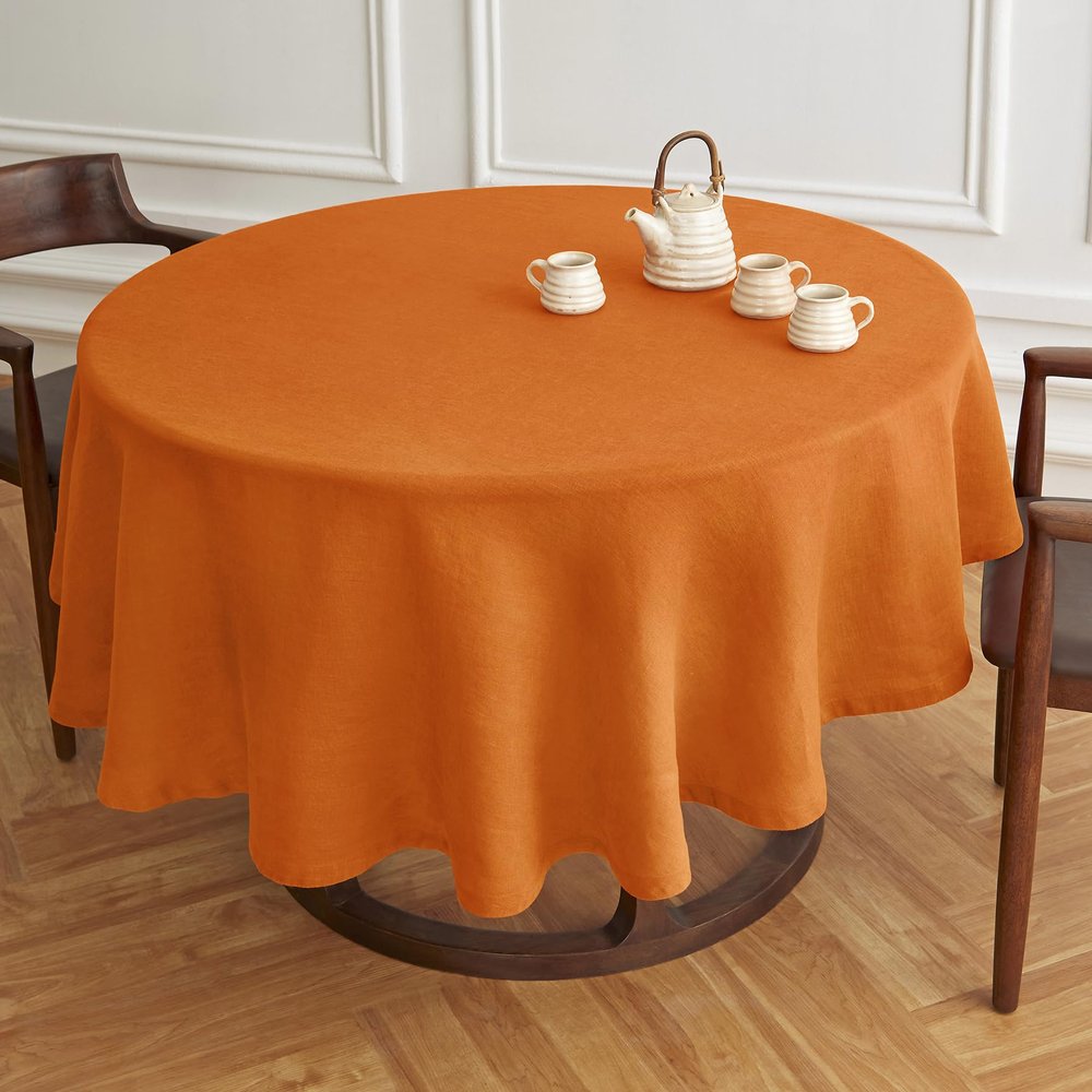 Solino Home Linen Round Tablecloth 70 Inch - 100% Pure Linen Pumpkin Round Tablecloth - Machine Washable Table Cloth - Sonoma