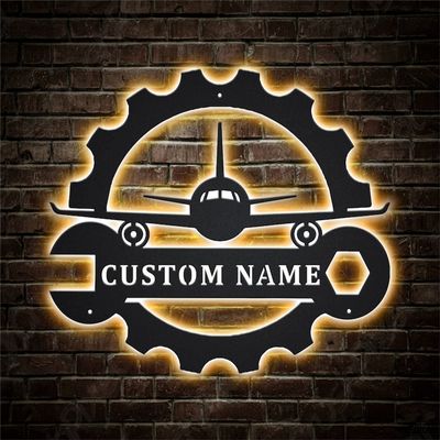 Custom Aircraft Mechanic Metal Sign with LED Lights Airplane Metal Wall Art, Personalized Pilot Name Sign Metal Airplane Wall Decor Mechanic Decor Birthday Housewarming Gifts Aviation Gifts 12 inch