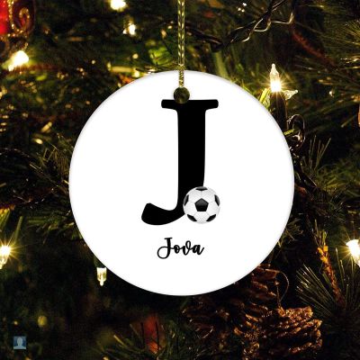 Ornament Soccer Ball Your Name & Initial J Xmas Gift Christmas Decoration Keepsake Ornament Soccer Decor for Boys for Boys Girls Round Ceramic Christmas Decoration