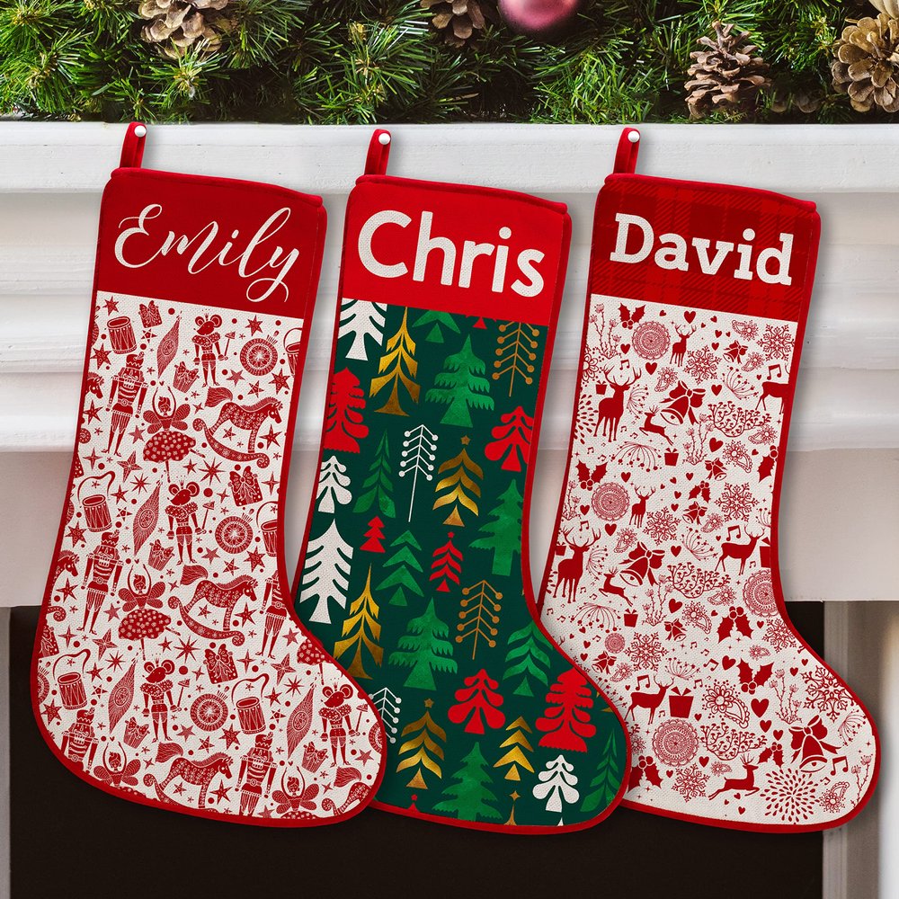 Brd Gifts Set of 4 - Personalized Christmas Stockings w/Name - 19 in, 15 Christmas Themes, 10 Fonts - Velvet Trimmed, Snowflake, Plaid, Fireplace Holiday Stocking Decorations, Gift for Family