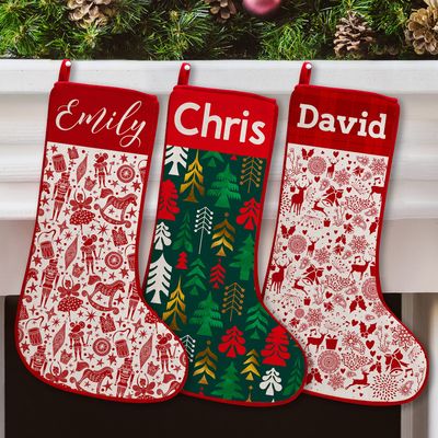 Brd Gifts Set of 5 - Personalized Christmas Stockings w/Name - 19 in, 15 Christmas Themes, 10 Fonts - Velvet Trimmed, Snowflake, Plaid, Fireplace Holiday Stocking Decorations, Gift for Family