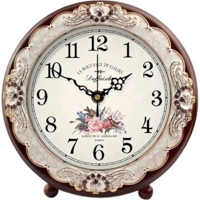 European Vintage Table Clock, Desk Clock with Clear Glass Dial, Creative 3D Carving Tabletop Clock for Home Office Decoration