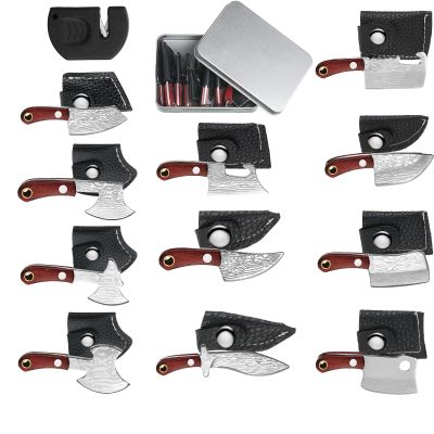 Qunclay 11 Pieces Mini Pocket Knife Set Tiny Knife Damascus for Women Men Axe Shape Mini with Pocket Sharpener and Box for Beer Bottle Opener and Package Box