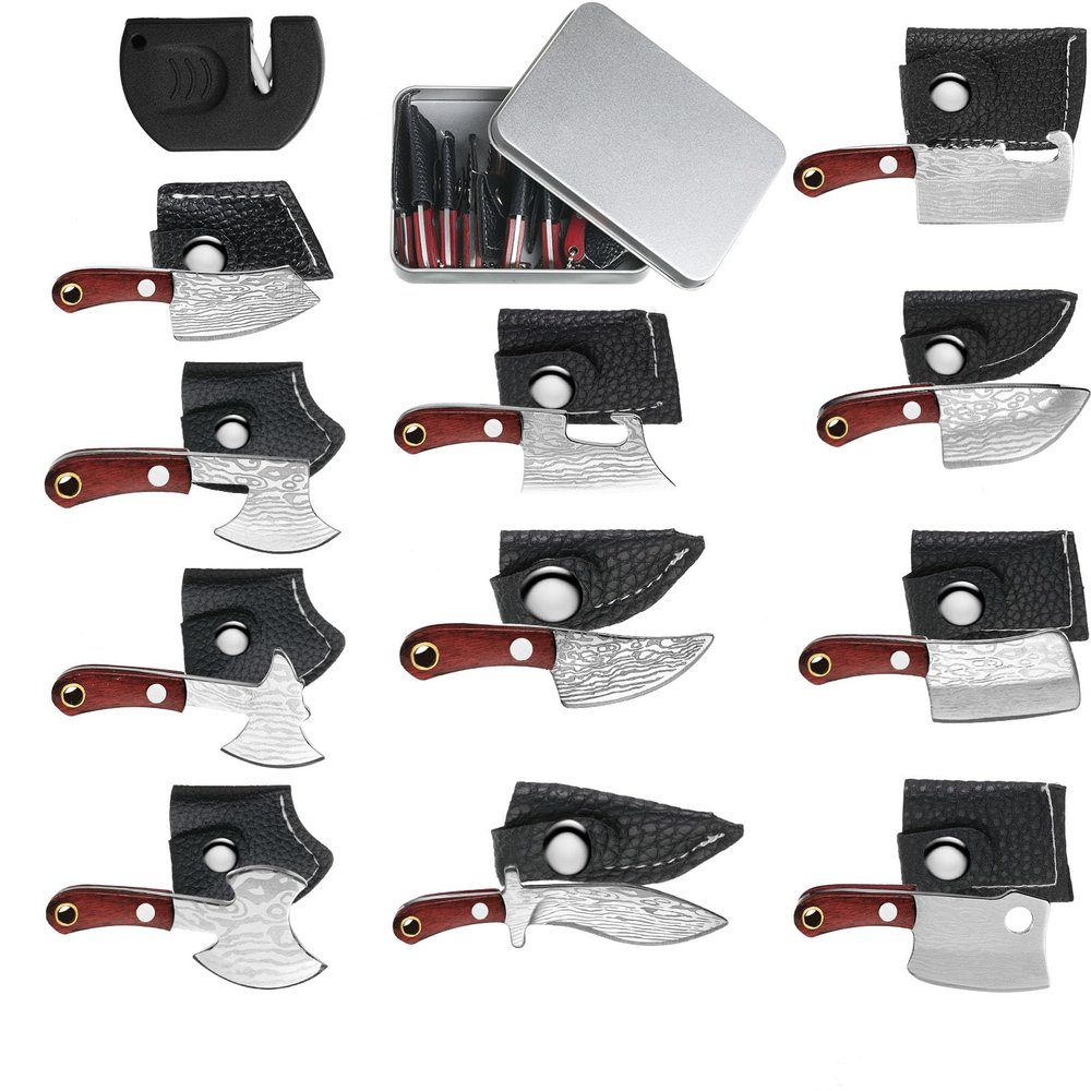 Qunclay 11 Pieces Mini Pocket Knife Set Tiny Knife Damascus for Women Men Axe Shape Mini with Pocket Sharpener and Box for Beer Bottle Opener and Package Box