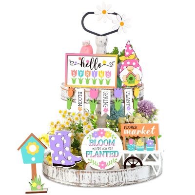 12 Pcs Spring Tiered Tray Decor Wooden Gnomes Flowers Plants Tabletop Trays Signs Summer Fall Tiered Tray Items for Home Farmhouse Rustic Kitchen Decorations (Spring)