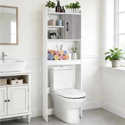 Giantex Over The Toilet Storage Cabinet, 4-Tier Freestanding Space Saver Above Toilet with Open Shelves & Door, Over Toilet Bathroom Organizer for Restroom, Laundry Room, White