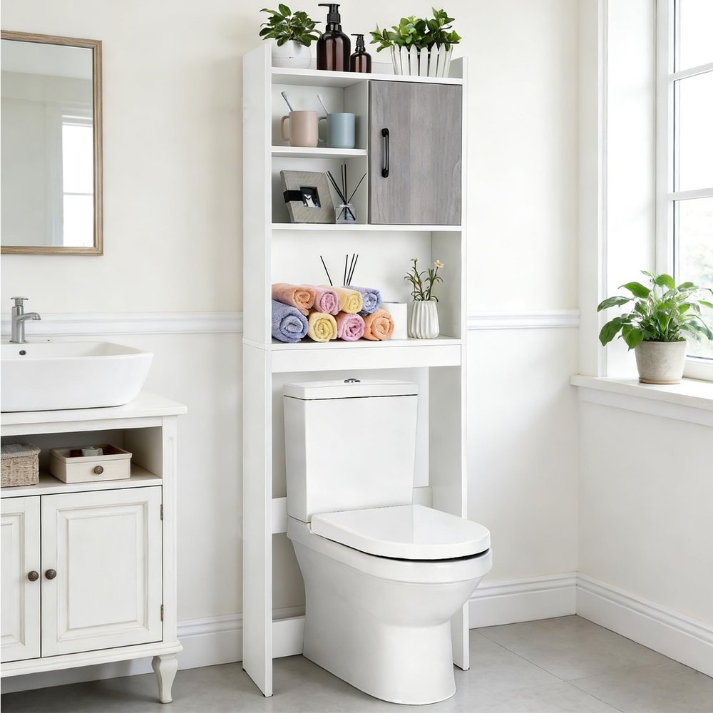 Giantex Over The Toilet Storage Cabinet, 4-Tier Freestanding Space Saver Above Toilet with Open Shelves & Door, Over Toilet Bathroom Organizer for Restroom, Laundry Room, White