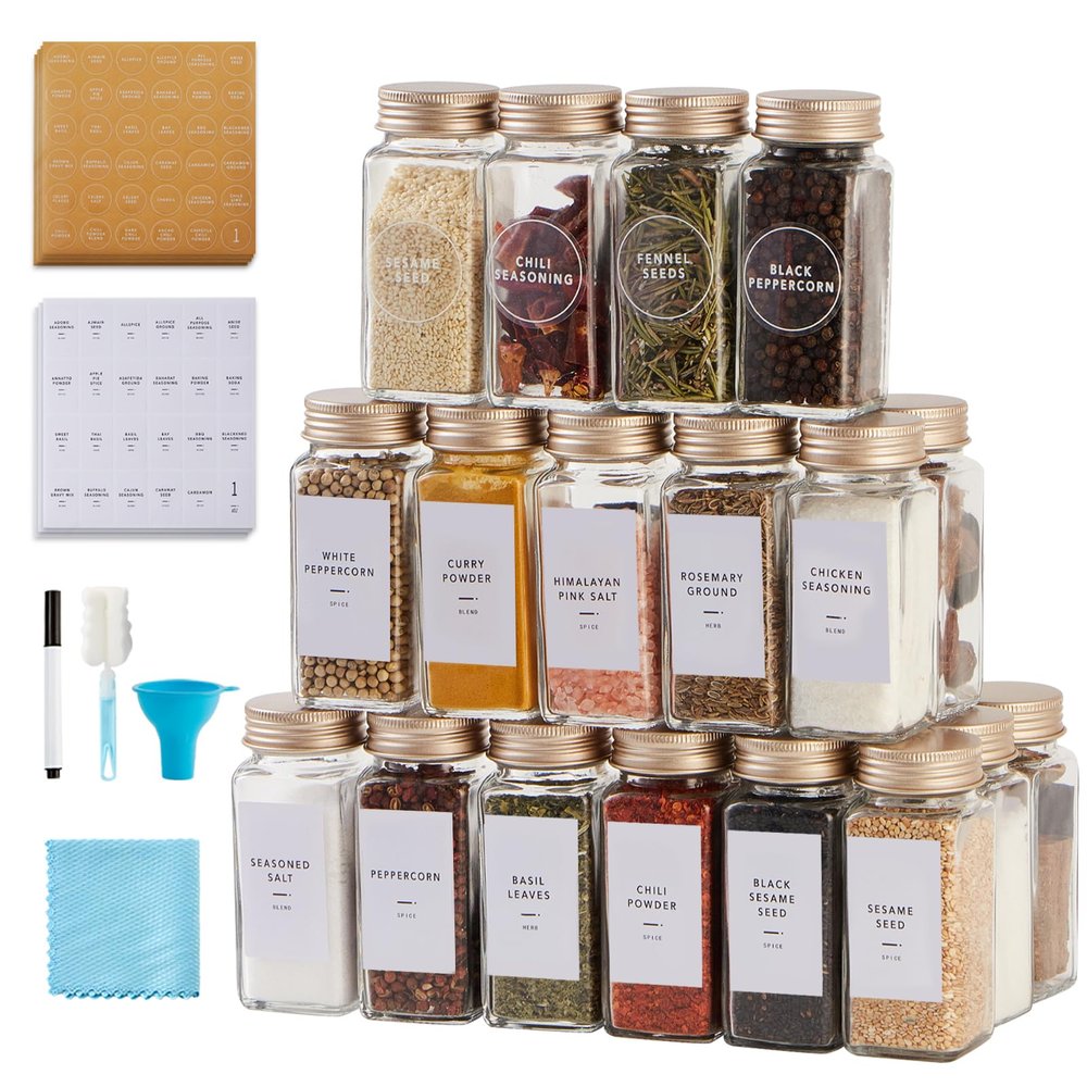 48 Pcs Spice Jars with Label- Glass Spice Jars with Gold Metal Caps,Shaker Lids, Funnel, Chalk Pen, Brush,Cleaning Cloth,Skiileor 4oz Seasoning Containers Bottles for Spice Rack, Cabinet, Drawer