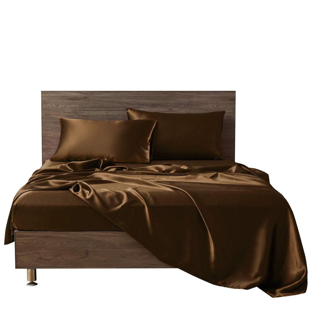 Restura Silk Satin Bedding Sheets 6 Piece Chocolate Twin XL Silk Satin Bed Sheet Set (Flat Sheet + Fitted 16'' + 4 Pillowcases) Breathable Durable Satin Bed Sheets
