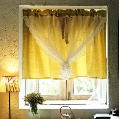 A.Monamour Short Curtain for Small Window Opaque Double Layers of Yellow Geometric Fabric with White Floral Embroidery Lace Window Valance Window Panel Drapes Half Curtain for Kitchen Door Curtain