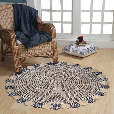 CASAVANI Hand Braided Rag Rug Geometric Beige & Multicolor Cotton Chindi & Jute Rug Home/Office Mat Best Uses for Bedroom,Nursery Room,Kids Room & Kitchen 4x4 Feet Round
